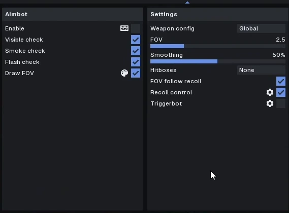 CS2 aimbot settings with visibility checks, FOV, smoothing and hitbox options