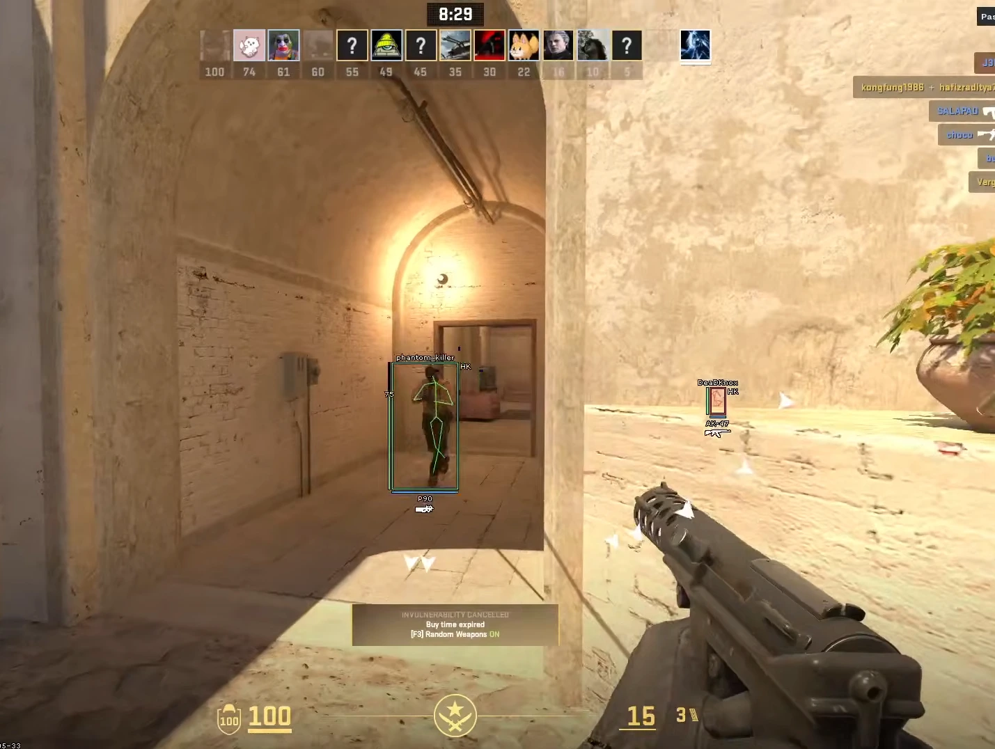 Counter-Strike 2 first-person gameplay with player boxes, skeletons and weapon information