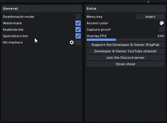CS2 general and extra settings with keybinds, hit markers and menu controls