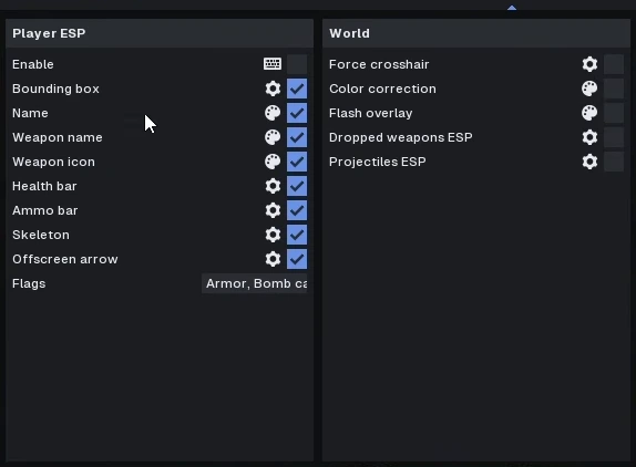 CS2 Player ESP and World settings for boxes, names, health bars and dropped weapons