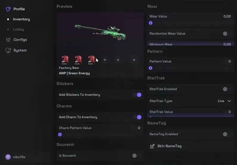 AWP editor panel with a weapon preview and skin settings