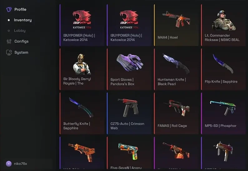 Dark item grid showing weapon, knife, glove and agent cards