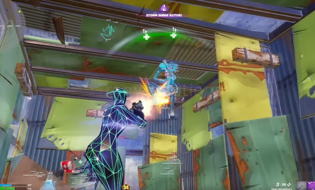 Fortnite combat inside builds with player skeletons and distance labels