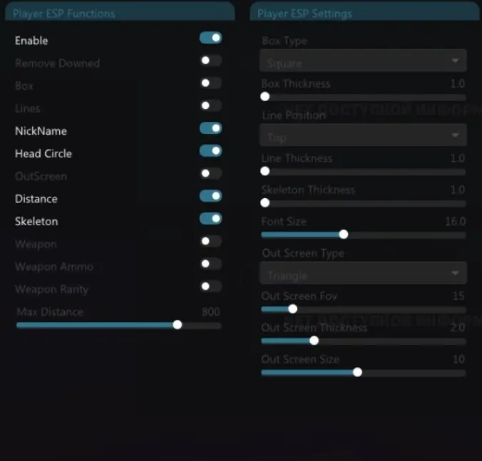 Fortnite Player ESP settings with box, name, distance and skeleton options