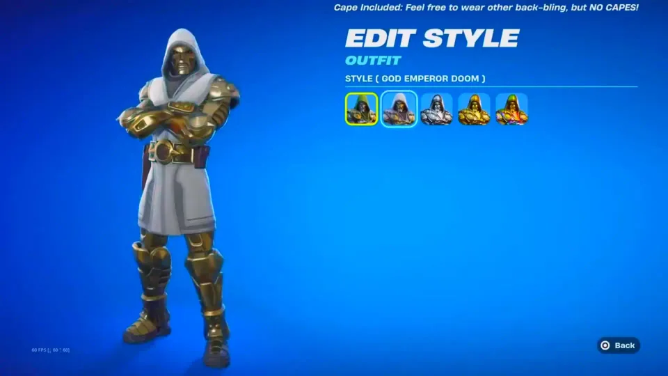 Fortnite Edit Style screen showing Doctor Doom and five style options