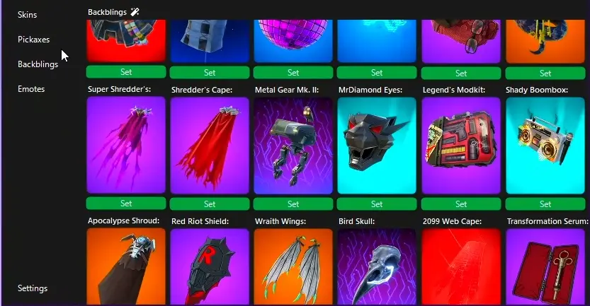 Grid of Fortnite Back Blings with item names and Set buttons