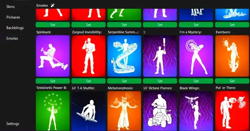 Grid of Fortnite Emotes with silhouette icons and Set buttons