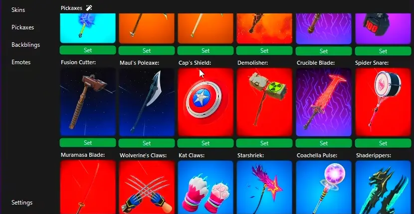 Grid of Fortnite Pickaxes with item names and Set buttons
