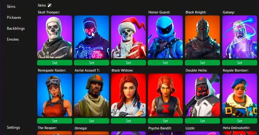 Outfit selection grid with character portraits and Set buttons