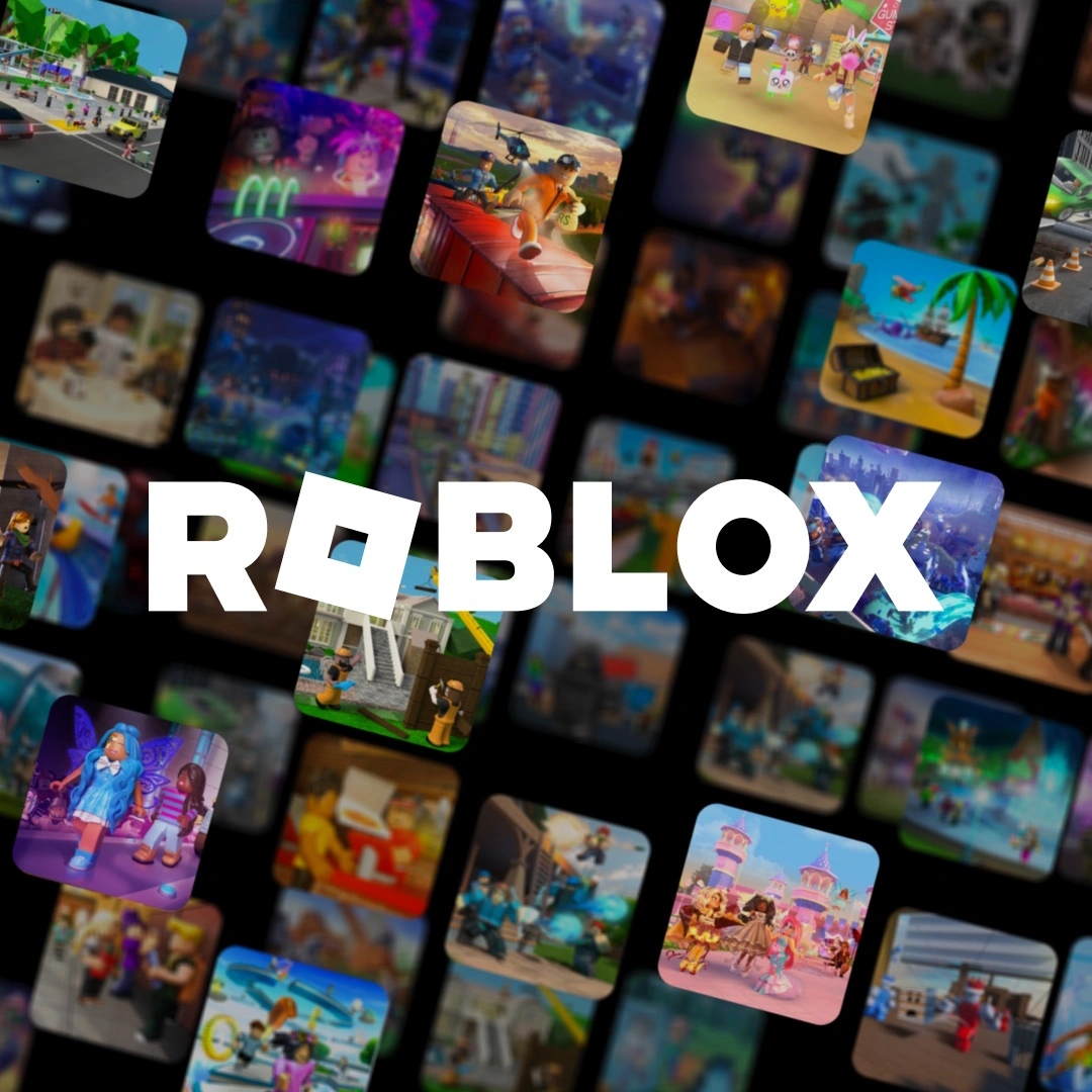 Roblox artwork with a collage of game experiences