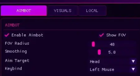 Roblox cheat aimbot settings with FOV, smoothing and aim target controls