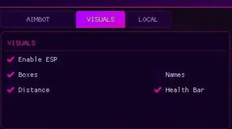 Roblox cheat ESP settings with boxes, distance, names and health bar