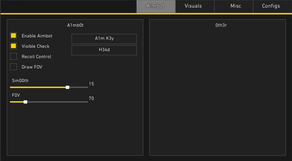 VALORANT aimbot settings with aim key, visibility check, smoothing and FOV controls