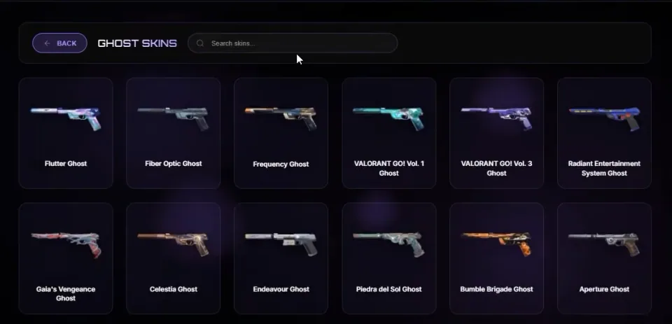 Ghost skin selection screen with two rows of sidearm cards