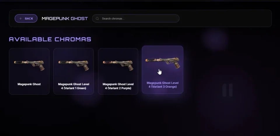 Ghost chroma selection screen with four color variants