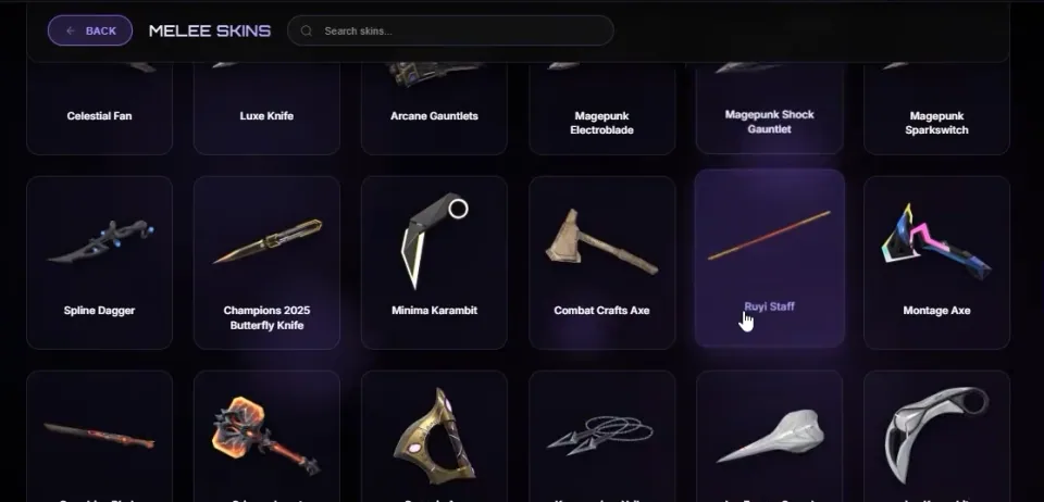 Melee skin selection screen showing several melee item cards