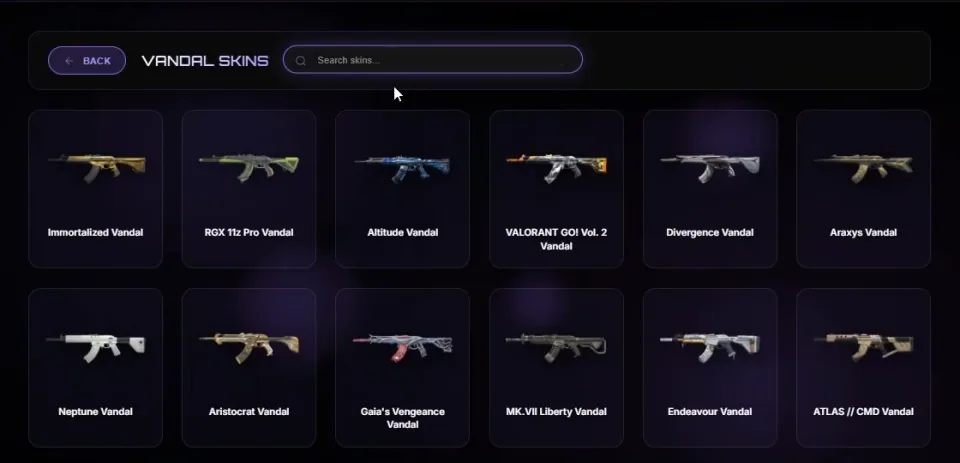 Vandal skin selection screen with two rows of weapon cards