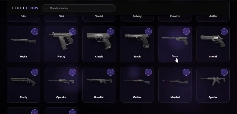 VALORANT weapon collection grid with rifle, pistol and sniper categories